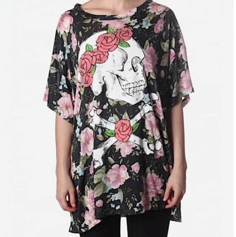 Wildfox Rare Floral Deadhead Skull Tee - Black and Pink